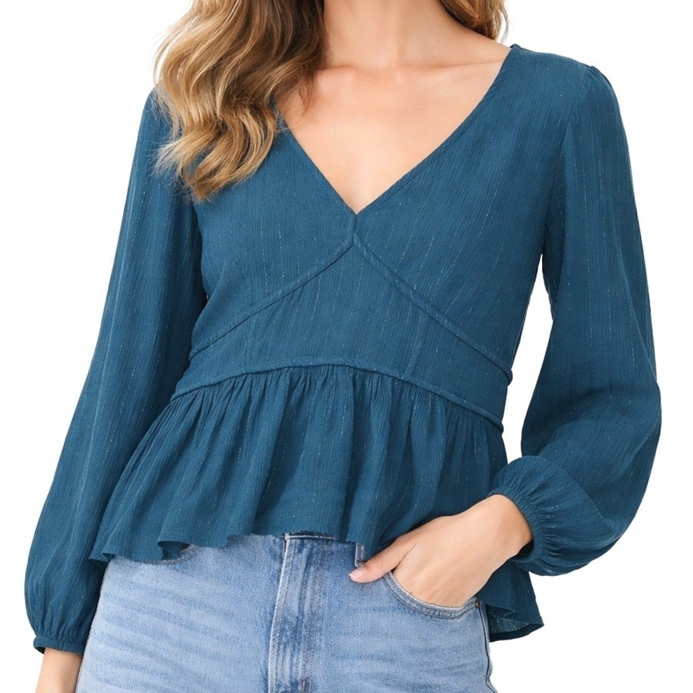 Knox Rose NWT Teal Blue Metallic Pinstripe Peplum V-Neck Blouse Long Sleeve M